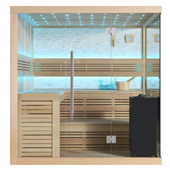 Finská sauna EAGO AWT B1105B hemlock 200×200 9 kW Virta Bi-O