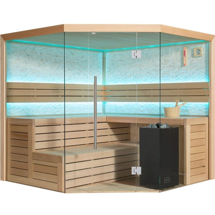 Finská sauna EAGO AWT B1601XL hemlock 250×250 9 kW Virta Bi-O