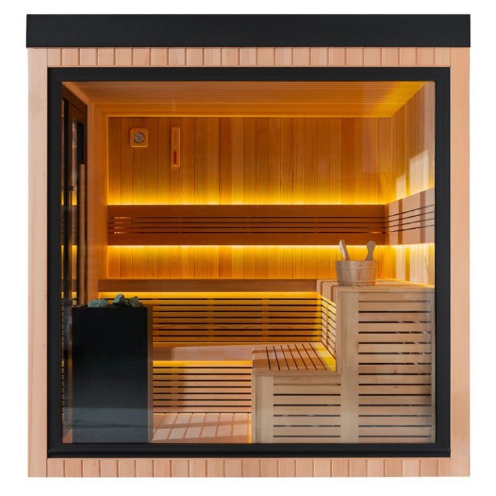 Zahradní sauna EAGO AWT Saunahaus THE CUBE X7-R za hemlock 300×635 12 kW EOS BiO-Cubo