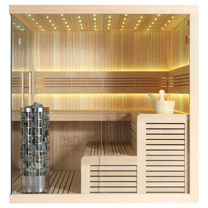 Finská sauna EAGO AWT B1115C hemlock 180×180 9 kW Virta Bi-O