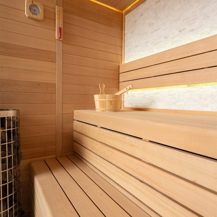 Finská sauna EAGO AWT E1604B hemlock 180×150 6 kW TheWall