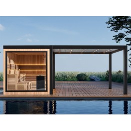 Zahradní sauna EAGO AWT Saunahaus THE CUBE X7-L za hemlock 300×635 12 kW EOS BiO-Cubo