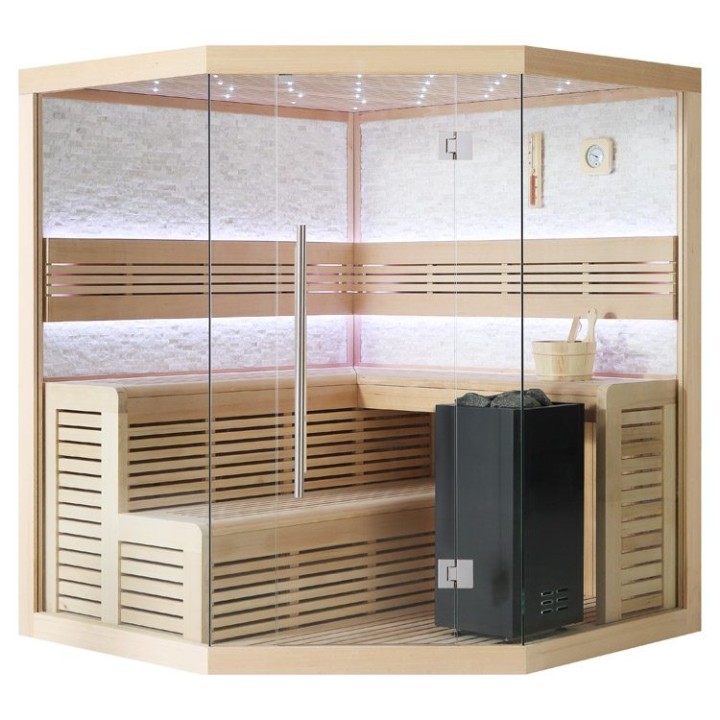 Finská sauna EAGO AWT B1101C hemlock 180×180 9 kW Virta Bi-O