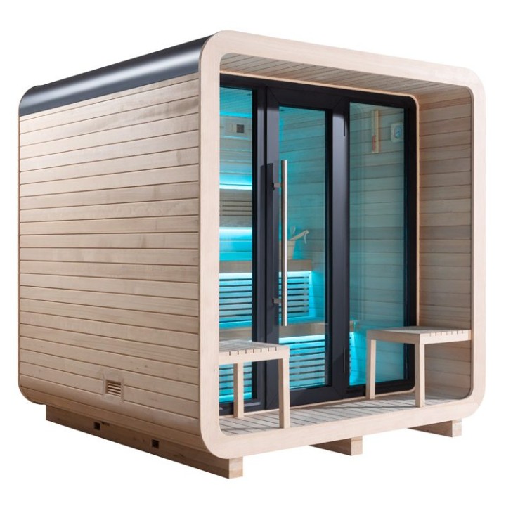 Zahradní sauna EAGO AWT Saunahaus THE CUBE X3 hemlock 225×225 9 kW EOS BiO-Cubo