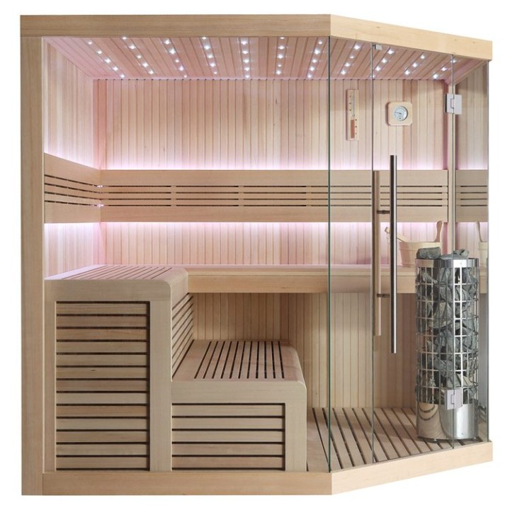 Finská sauna EAGO AWT B1111B hemlock 200×200 9 kW Virta Bi-O