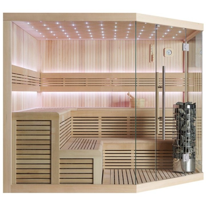 Finská sauna EAGO AWT B1111 XL hemlock 250×250 9 kW Virta Bi-O