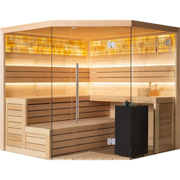 Finská sauna EAGO AWT B1621XL hemlock 250×250 9 kW Virta Bi-O