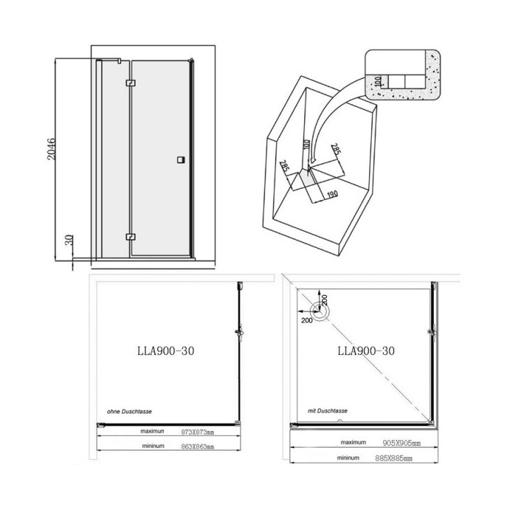 Sprchový kout Eago LLA900-30 levá verze 90x90x202 (bez vaničky)