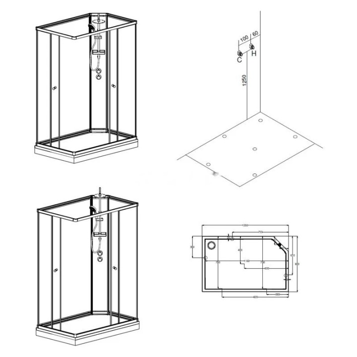 Kompletní sprchový kout Modera | 120×80 cm černé sklo posuvné dveře obdélníková