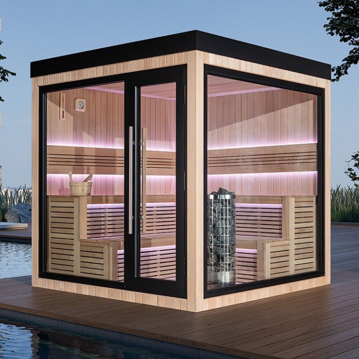 Zahradní sauna EAGO AWT Saunahaus THE CUBE X5-R hemlock 235×235 9 kW Cilindro