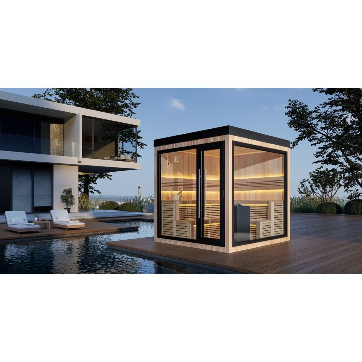 Zahradní sauna EAGO AWT Saunahaus THE CUBE X5-R hemlock 235×235 9 kW Cilindro