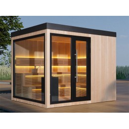 Zahradní sauna EAGO AWT Saunahaus THE CUBE X7-L hemlock 300×235 12 kW EOS Cubo