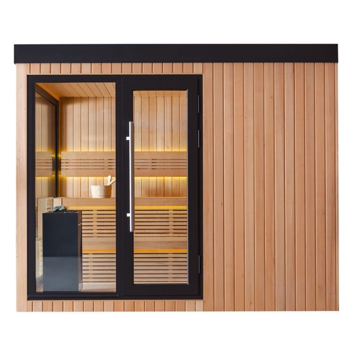 Zahradní sauna EAGO AWT Saunahaus THE CUBE X7-L hemlock 300×235 12 kW EOS Cubo