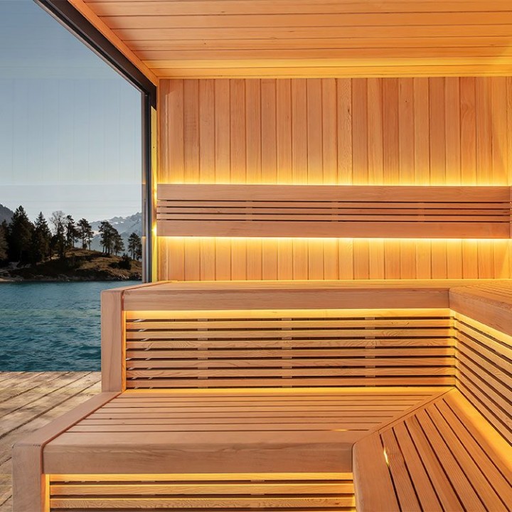 Zahradní sauna EAGO AWT Saunahaus THE CUBE X5-L hemlock 235×235 9 kW EOS Cubo