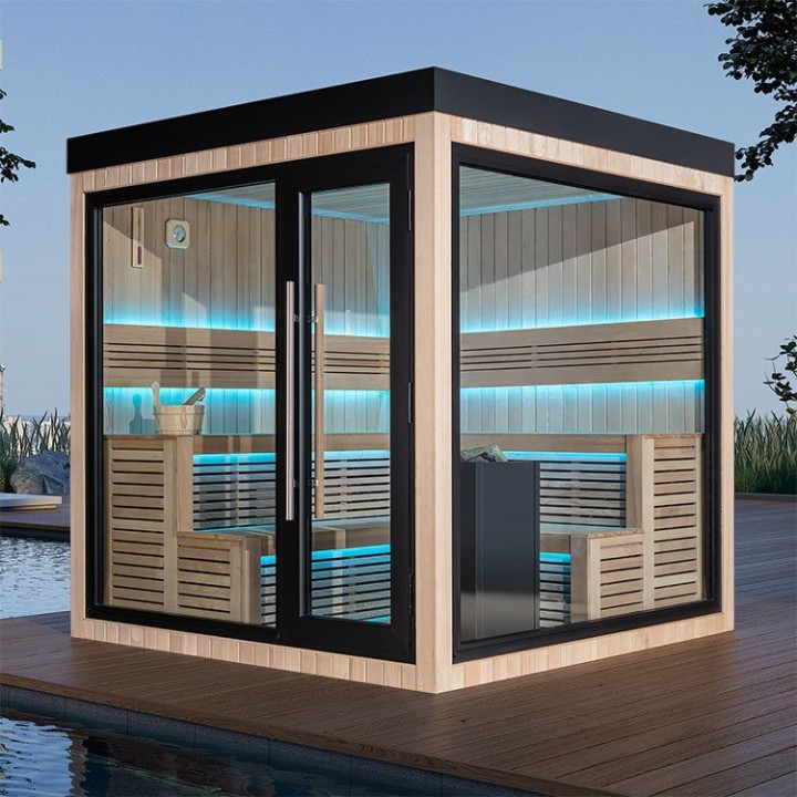 Zahradní sauna EAGO AWT Saunahaus THE CUBE X5-R hemlock 235×235 9 kW EOS BiO-Cubo