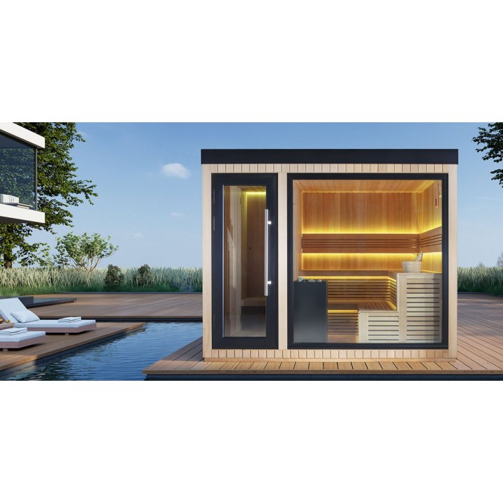 Zahradní sauna EAGO AWT Saunahaus THE CUBE X6 hemlock 300×235 12 kW EOS BiO-Cubo