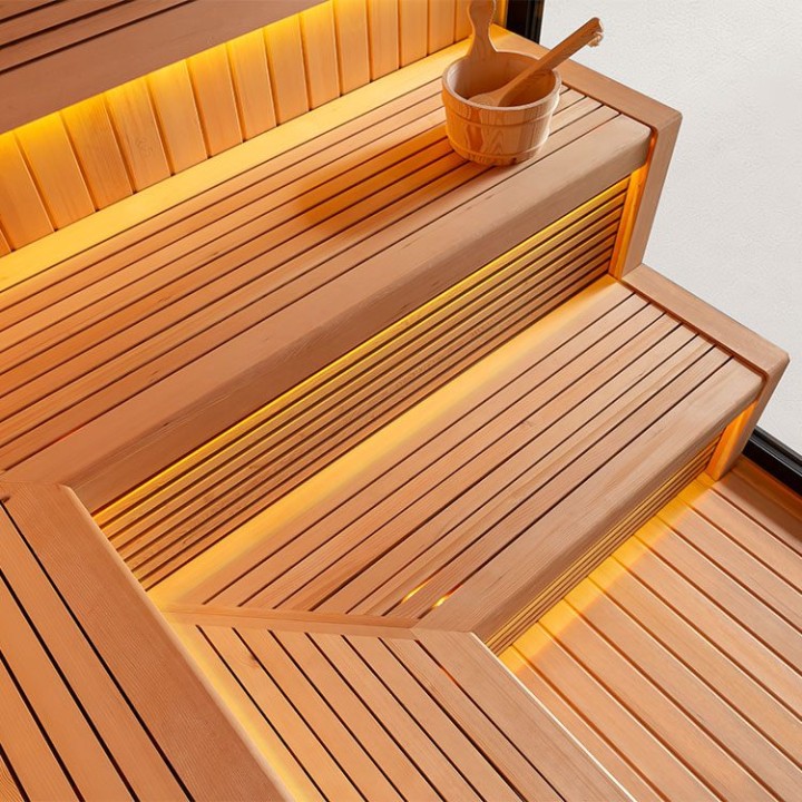 Zahradní sauna EAGO AWT Saunahaus THE CUBE X6 hemlock 300×235 12 kW EOS BiO-Cubo
