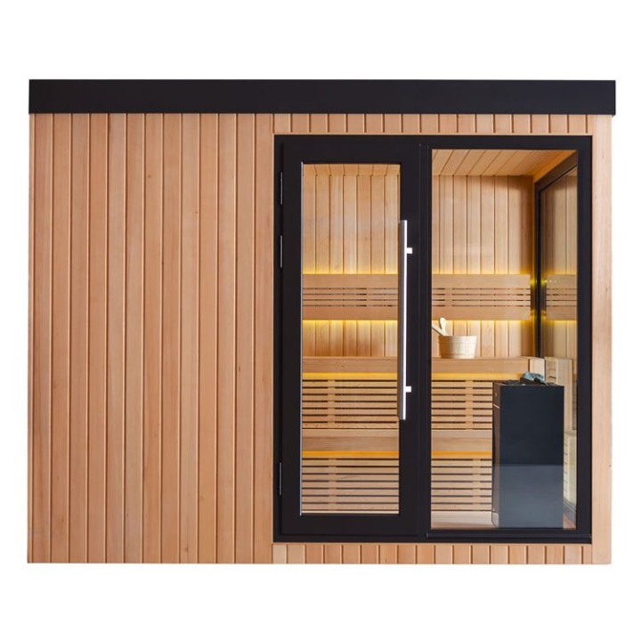 Zahradní sauna EAGO AWT Saunahaus THE CUBE X7-R hemlock 300×235 12 kW EOS Cubo