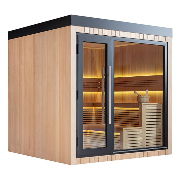 Zahradní sauna EAGO AWT Saunahaus THE CUBE X4 hemlock 235×235 9 kW EOS Cubo