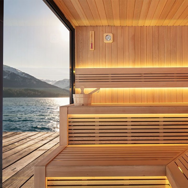 Zahradní sauna EAGO AWT Saunahaus THE CUBE X4 hemlock 235×235 9 kW EOS Cubo