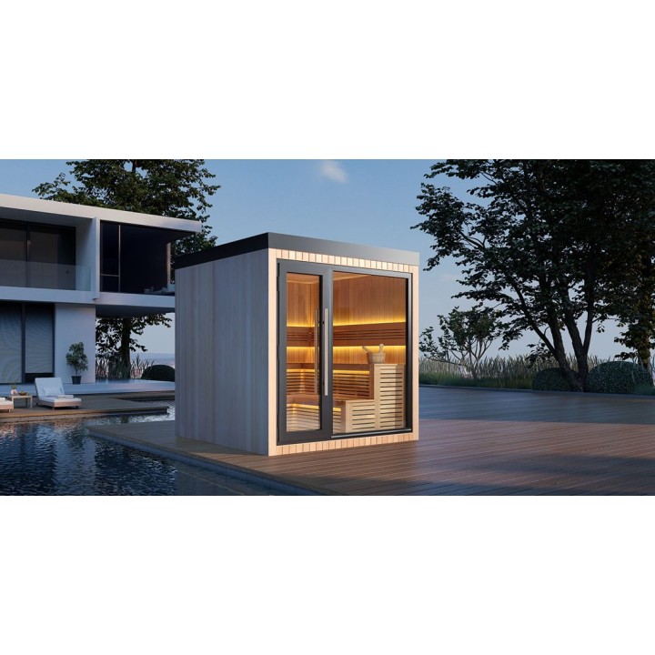 Zahradní sauna EAGO AWT Saunahaus THE CUBE X4 hemlock 235×235 9 kW EOS Cubo