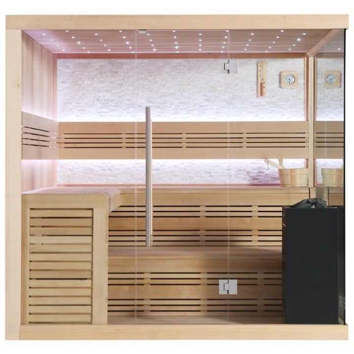 Finská sauna EAGO AWT B1105C hemlock 180×180 9 kW Virta Bi-O