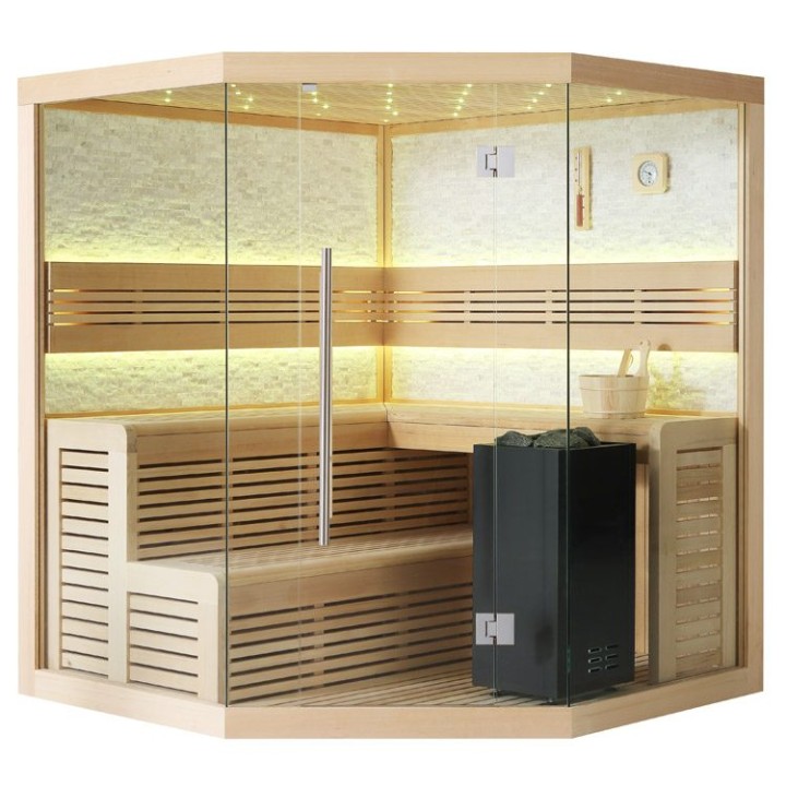 Finská sauna EAGO AWT B1101C hemlock 180×180 9 kW Virta Bi-O