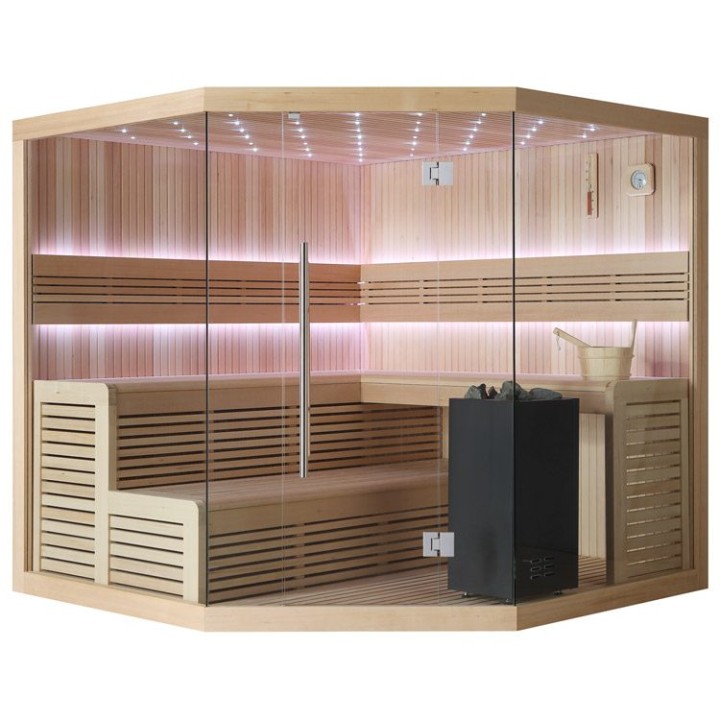 Finská sauna EAGO AWT B1111B hemlock 200×200 9 kW EOS BiO-Cubo